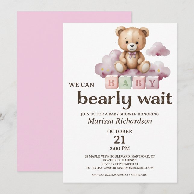 Invitación Podemos Esperar A Teddy Bear Chica Baby Shower (Anverso / Reverso)