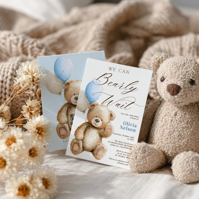 Invitación Podemos Esperar A Teddy Bear QR Boy Baby Shower (We Can Bearly Wait Teddy Bear QR Boy Baby Shower Invitation)