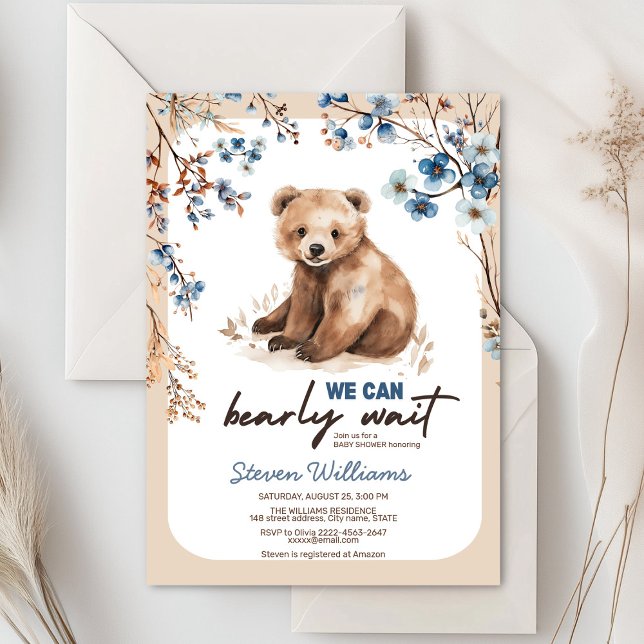 Invitación Podemos esperar a un Baby Shower floral azul (Cute bear with rustic blue flowers baby shower invitation)