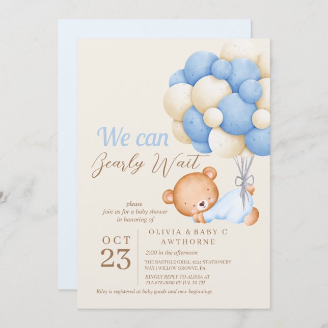 Invitación Podemos esperar a un bebé con globo Bear Bear (Anverso / Reverso)