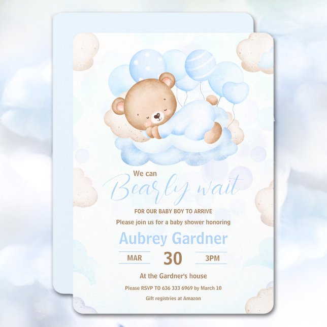 Invitación Podemos Esperar A Un Chico Con Un Oso Azul Baby Sh (We Can Bearly Wait Boy Blue Cute Bear Baby Shower Invitation)