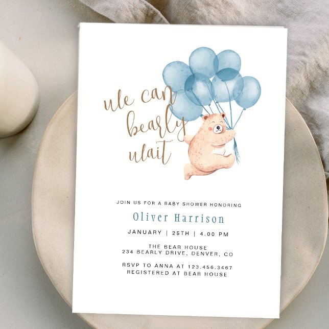 Invitación Podemos Esperar A Un Globo De Oso Caliente Baby Sh (We Can Bearly Wait Cute Bear Balloon Baby Shower Invitation)