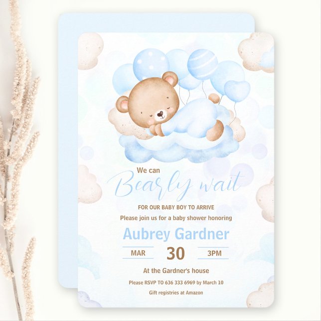 Invitación Podemos Esperar A Un Niño Con El Baby Shower Del O (We Can Bearly Wait Boy Blue Bear Baby Shower Invitation)