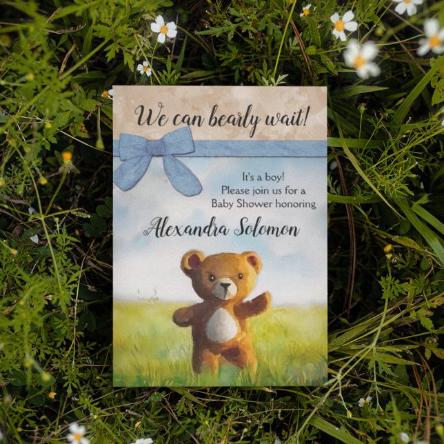 Invitación Podemos Esperar A WatercolorBoy Baby Shower (Boy baby shower we can bearly wait teddy bear)