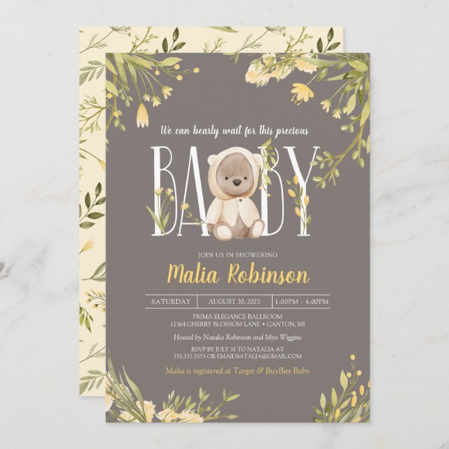 Invitación Podemos Esperar Al Amarillo Teddy Bear Baby Shower (Anverso / Reverso)