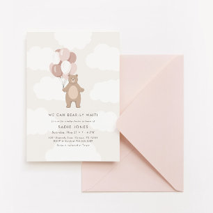 Invitación Podemos Esperar. Baby Shower de globo de oso ros