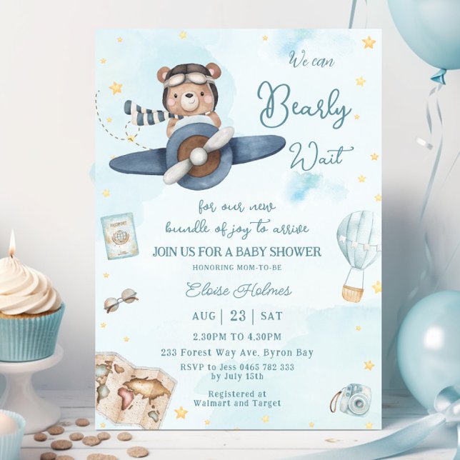 Invitación Podemos Esperar Bear Bear Blue Plane Boy Baby Show (aviation-cute-bear-riding-a-blue-plane-boy-baby-shower-we-can-bearly-wait-adventure-invitation-cards)