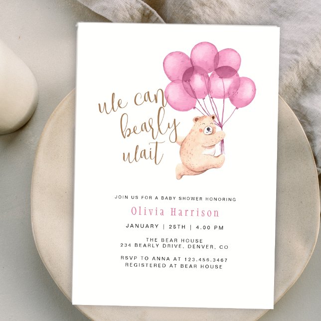 Invitación Podemos Esperar Bear Bear Pink Balloon Baby Shower (We Can Bearly Wait Bear Pink Balloon Baby Shower Invitation)