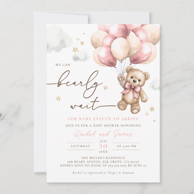Invitación Podemos Esperar Bear Bear Pink Balloon Baby Shower (Anverso)
