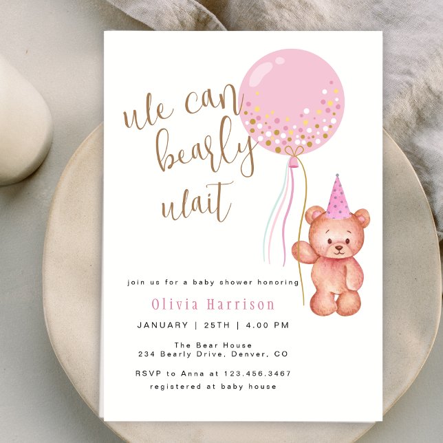 Invitación Podemos Esperar. | Bear Pink Balloon Baby Shower (We Can Bearly Wait | Bear Pink Balloon Baby Shower Invitation)