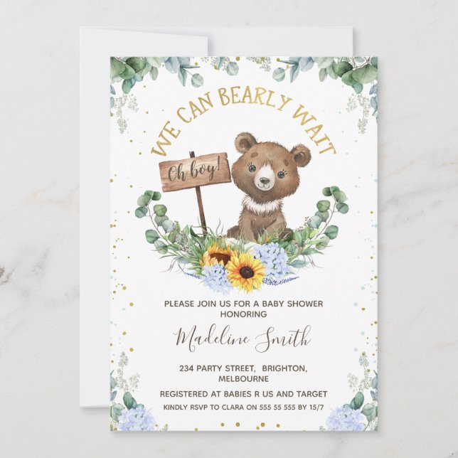 Invitación Podemos Esperar Beber Bear Baby Shower (Anverso)