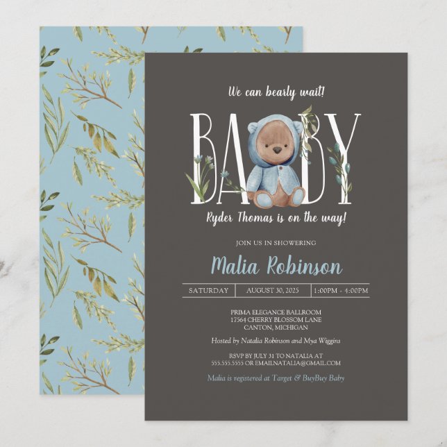 Invitación ¡Podemos Esperar! Boy Blue Teddy Bear Shower (Anverso / Reverso)