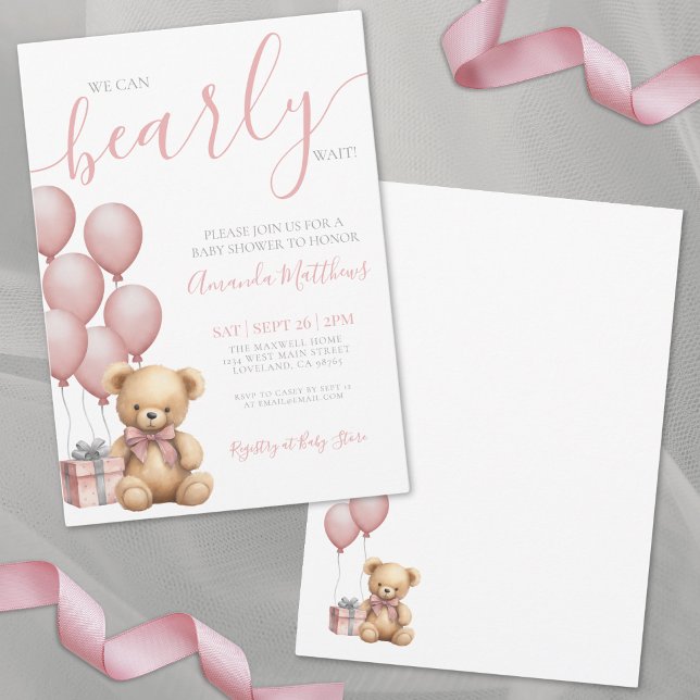 Invitación Podemos esperar Chica rosado Baby Shower (We Can Bearly Wait Girl Pink Bear Baby Shower Invitation)