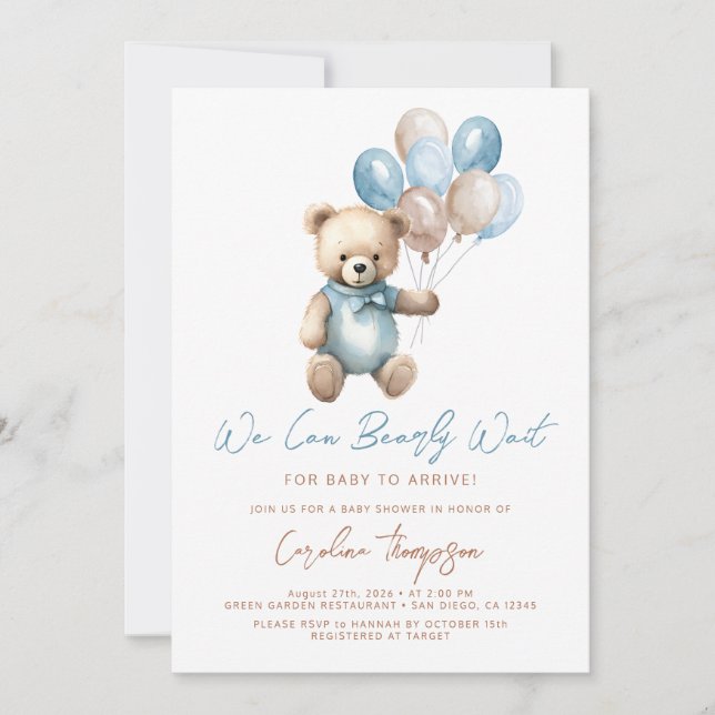 Invitación Podemos Esperar El Baby Shower Azul (Anverso)