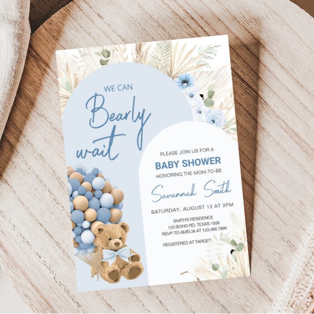 Invitación Podemos Esperar El Baby Shower Azul (Boho Blue Bear Baby Shower Invitation)