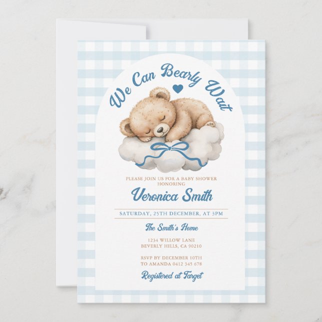Invitación Podemos esperar el Baby Shower de Blue Bow Bear Bo (Anverso)