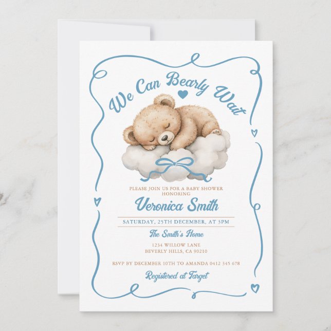 Invitación Podemos esperar el Baby Shower de Blue Bow Bear Bo (Anverso)