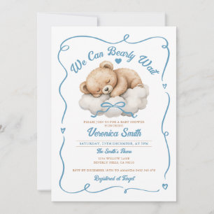 Invitación Podemos esperar el Baby Shower de Blue Bow Bear Bo
