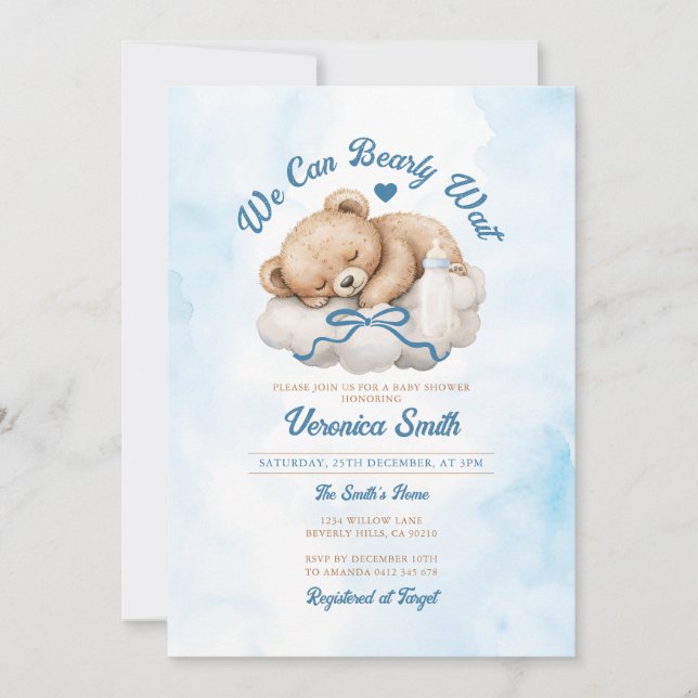 Invitación Podemos esperar el Baby Shower de Blue Bow Bear Bo (Anverso)