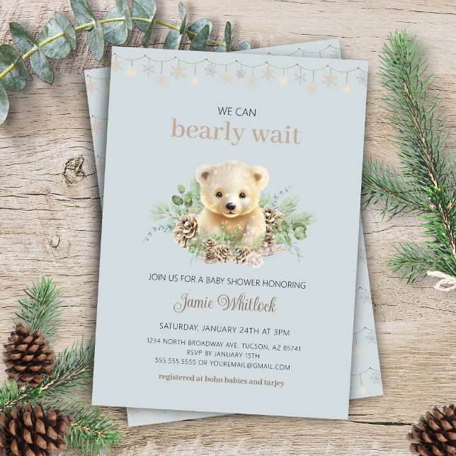 Invitación Podemos Esperar El Baby Shower De Invierno De Blue (blue bohemian we can bearly wait elegant winter baby shower invitation with polar bear twinkle light)