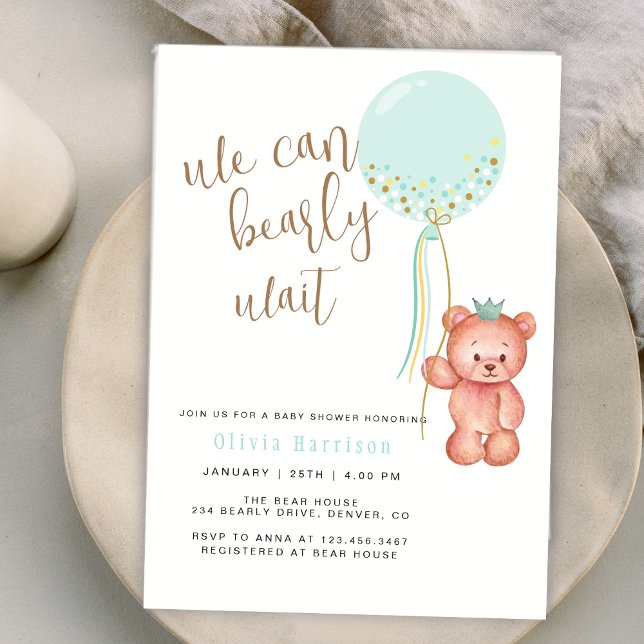 Invitación Podemos Esperar El Baby Shower De Los Globos Verde (We Can Bearly Wait Green Balloon Bear Baby Shower Invitation)