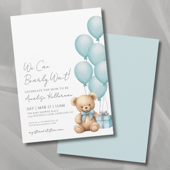 Invitación Podemos Esperar El Baby Shower Del Oso Azul (We Can Bearly Wait Blue Bear Baby Shower Invitation)