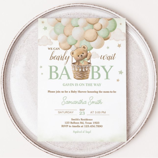 Invitación Podemos Esperar El Baby Shower Del Oso Verde (Boho Green Teddy Bear Baby Shower Invitation)