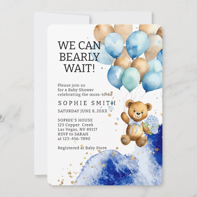 Invitación Podemos Esperar El Baby Shower Real Azul Y Oro (Anverso)