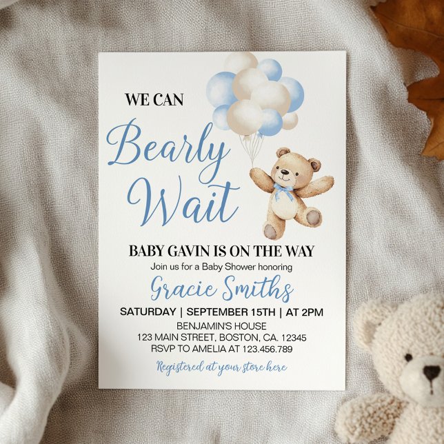Invitación Podemos Esperar El Bear Blue Balloon Baby Shower (Subido por el creador)