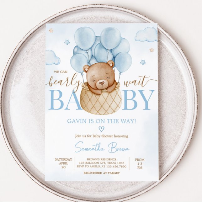 Invitación Podemos Esperar El Globo De Aire Caliente Baby Sho (Blue Teddy Baby Bear Baby Shower Invitation)
