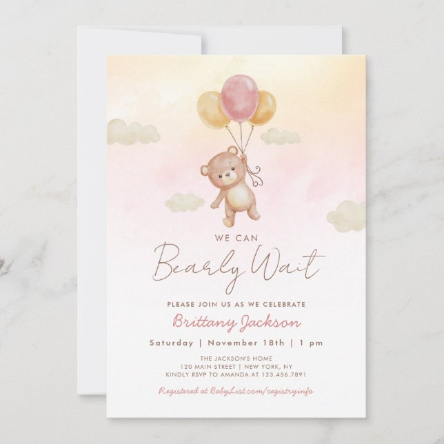 Invitación Podemos esperar globos con Baby Shower Pink (Anverso)