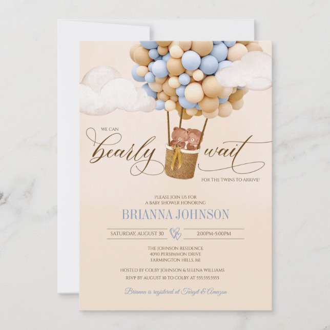 Invitación Podemos esperar globos gemelos Baby Shower (Anverso)