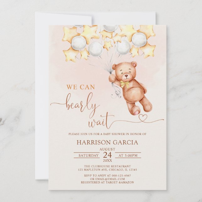 Invitación Podemos Esperar Globos Teddy Bear Baby Shower (Anverso)