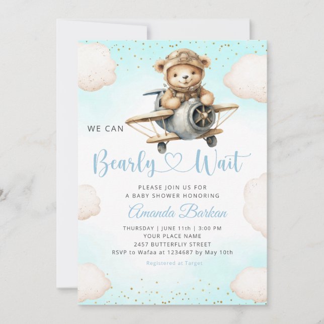 Invitación Podemos esperar la cuenca azul Baby Shower (Anverso)