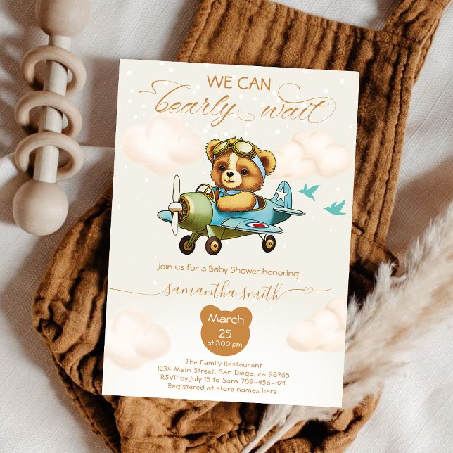 Invitación Podemos esperar la ducha de bebé piloto (We can bearly wait Pilot boy baby shower Invitation)