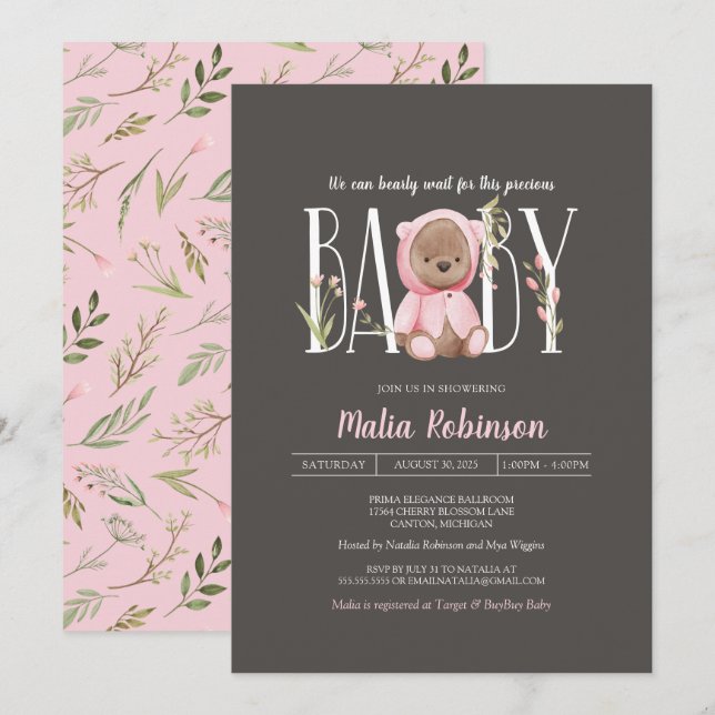 Invitación ¡Podemos Esperar! Teddy Bear Chica Baby Shower  (Anverso / Reverso)