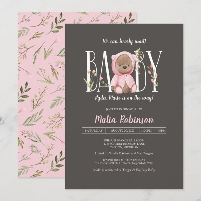 Invitación ¡Podemos Esperar! Teddy Bear Pink Baby Shower  (Anverso / Reverso)