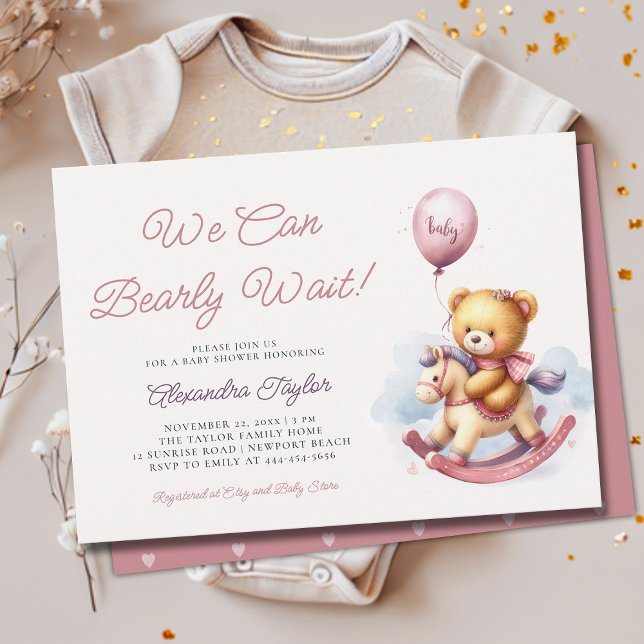 Invitación Podemos Esperar Temprano A La Ducha De Bebés (we can bearly wait baby girl shower invitation teddy bear cute rocking chair cowboy western pink)