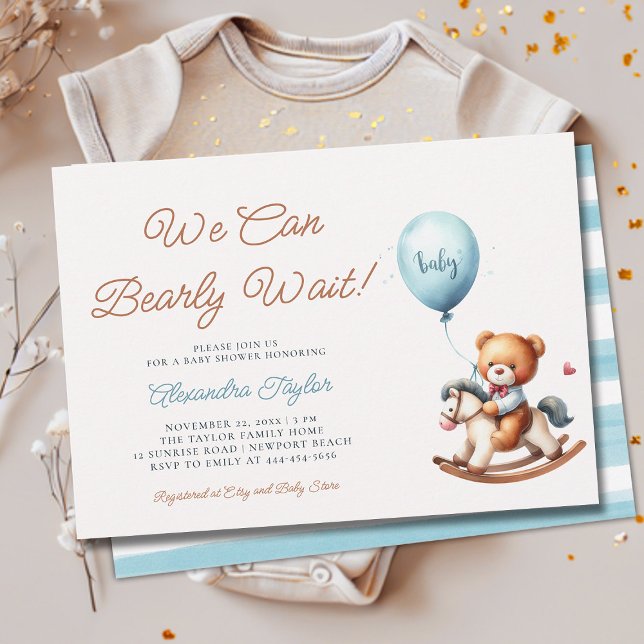 Invitación Podemos Esperar Temprano A La Ducha Del Niño De Ca (we can bearly wait baby boy shower invitation teddy bear cute stuffed toy rocking chair nursery chic)