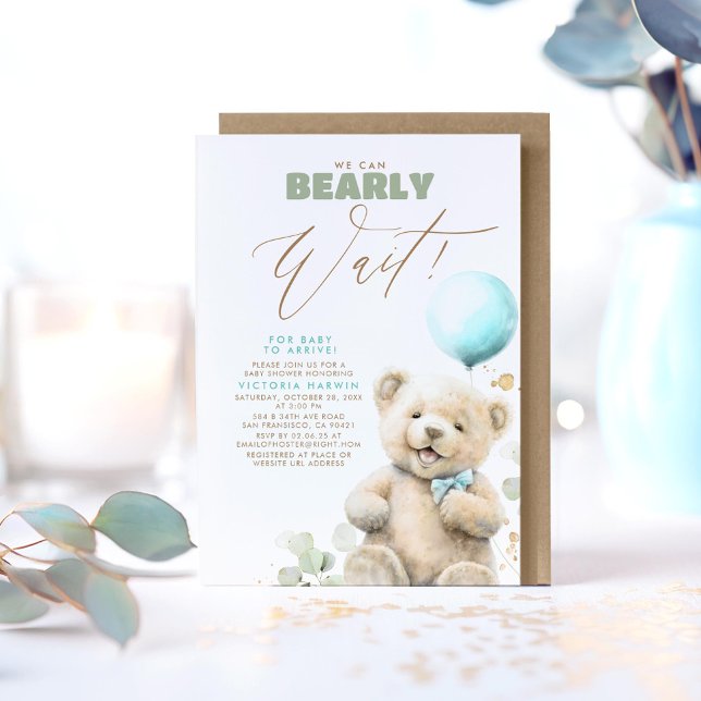 Invitación Podemos esperar temprano - Baby Shower de oso bebé (We Can Bearly Wait - Cute Joyful Little Bear Baby Shower Invitations in Blue, Brown and Green)
