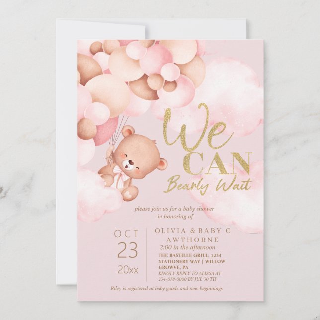 Invitación Podemos esperar temprano Teddy Pink Baby Shower (Anverso)