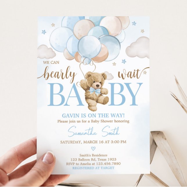 Invitación Podemos predecir Baby Shower de Bear Bear Bear (Teddy Bear Balloon Baby Shower Invitation)