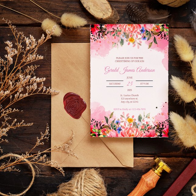 Invitación Poema de bautismo de acuarela floral rosa elegante (Subido por el creador)