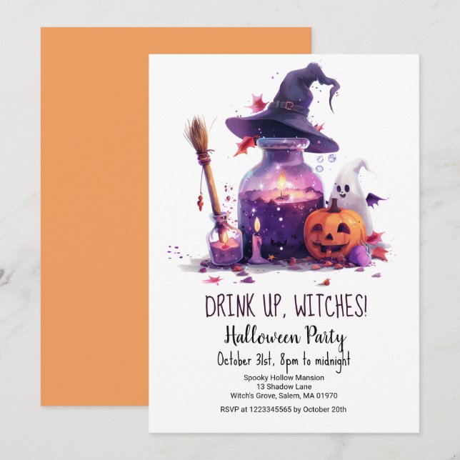 Invitación Poemas Calabaza Fantasma Gorra Bruja Halloween (Anverso / Reverso)