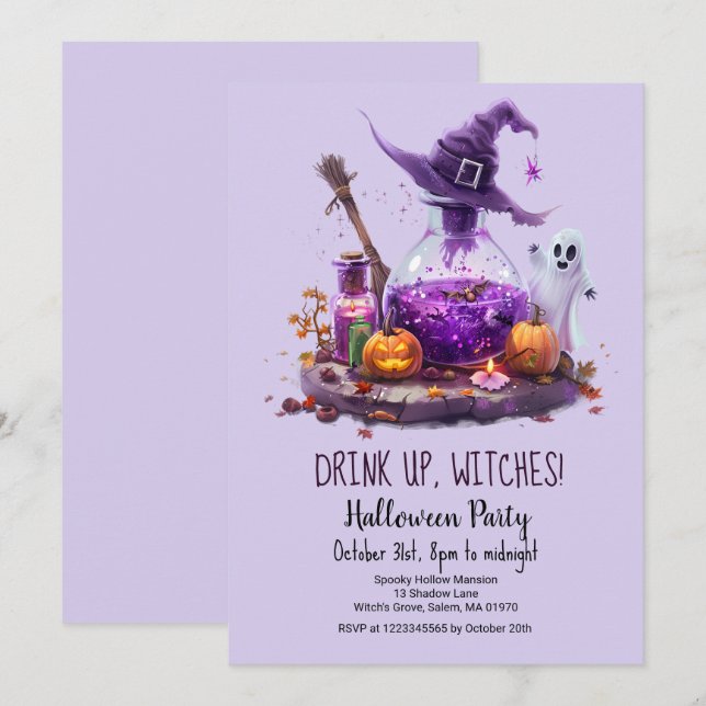 Invitación Poemas Calabaza Fantasma Gorra Bruja Halloween (Anverso / Reverso)