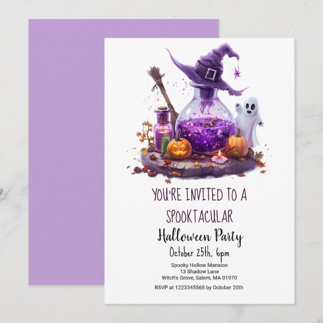 Invitación Poemas Calabaza Fantasma Gorra Bruja Halloween (Anverso / Reverso)