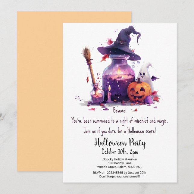 Invitación Poemas Calabaza Fantasma Gorra Bruja Halloween (Anverso / Reverso)