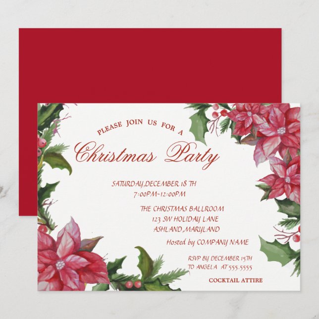 Invitación Poinsetta, Fiesta de Navidades corporativos rojos (Anverso / Reverso)