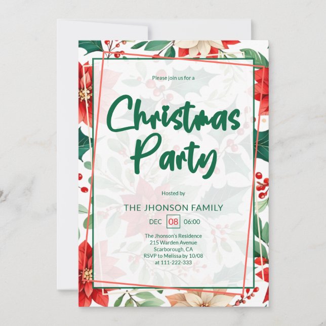 Invitación Poinsettia and Berry Pattern Christmas Party (Anverso)