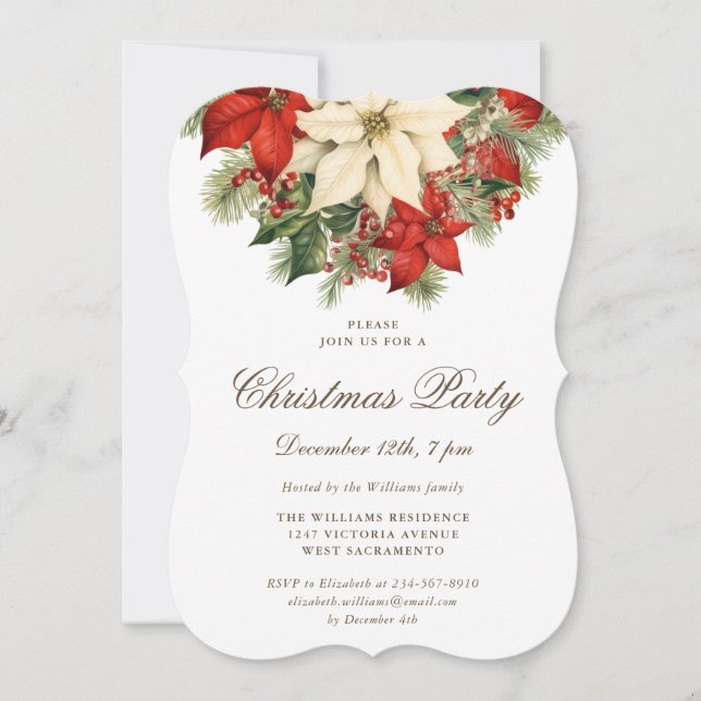 Invitación Poinsettia Berries Botanical Christmas Party (Anverso)